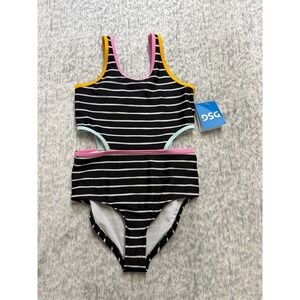 DSG Girls Sanibel Stripe One Piece Swimsuit Cut Outs Black White Size S NEW